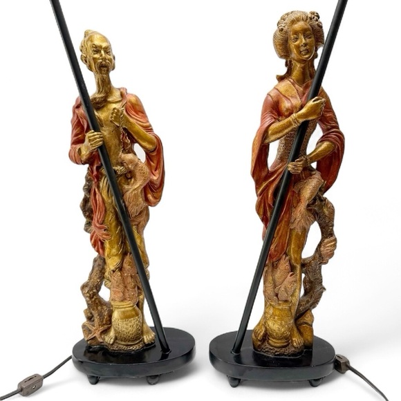 Vintage Set of Gilt Asian Figures with Fabric Tassel Umbrella Shades Lamps AS IS - Picture 4 of 13